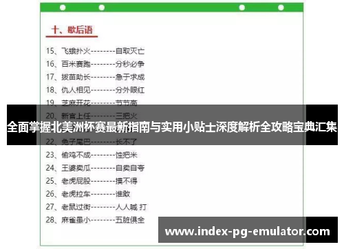 全面掌握北美洲杯赛最新指南与实用小贴士深度解析全攻略宝典汇集 全面掌握北美洲杯赛最新指南与实用小贴士深度解析全攻略宝典汇集