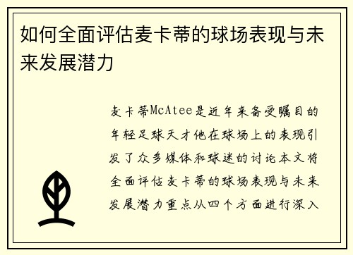 如何全面评估麦卡蒂的球场表现与未来发展潜力