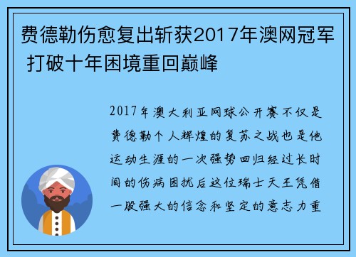费德勒伤愈复出斩获2017年澳网冠军 打破十年困境重回巅峰