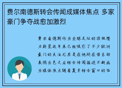 费尔南德斯转会传闻成媒体焦点 多家豪门争夺战愈加激烈 费尔南德斯转会传闻成媒体焦点 多家豪门争夺战愈加激烈