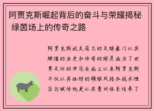 阿贾克斯崛起背后的奋斗与荣耀揭秘 绿茵场上的传奇之路