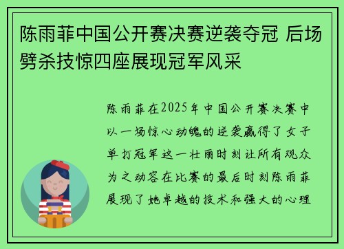陈雨菲中国公开赛决赛逆袭夺冠 后场劈杀技惊四座展现冠军风采 陈雨菲中国公开赛决赛逆袭夺冠 后场劈杀技惊四座展现冠军风采